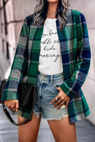 Woochic courte manteau en laine carreaux avec poches femme surchemise casual Vert S